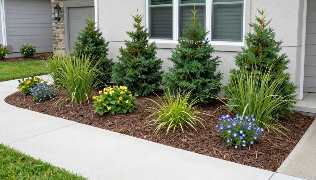 Low-maintenance front yard with evergreen shrubs, ornamental grasses, and mulched beds