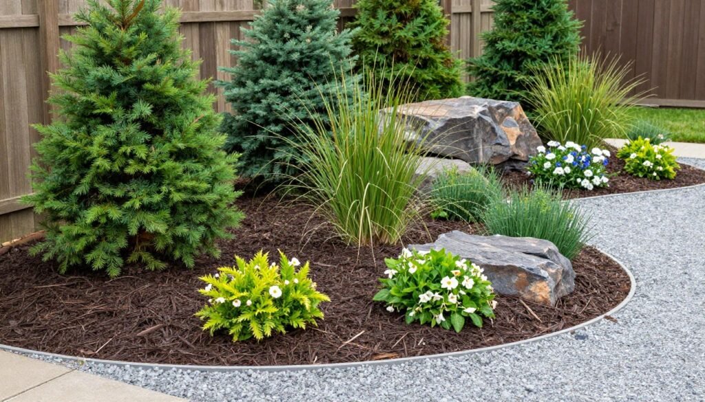 Low-maintenance front yard with mulched beds, evergreens, and ornamental grasses