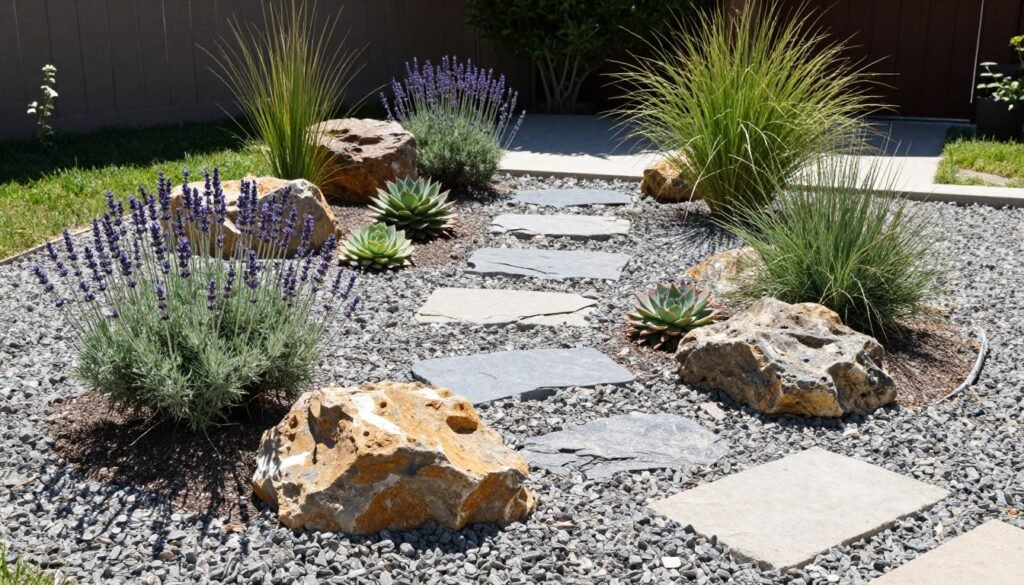 Low-maintenance gravel garden with drought-tolerant plants and decorative rocks