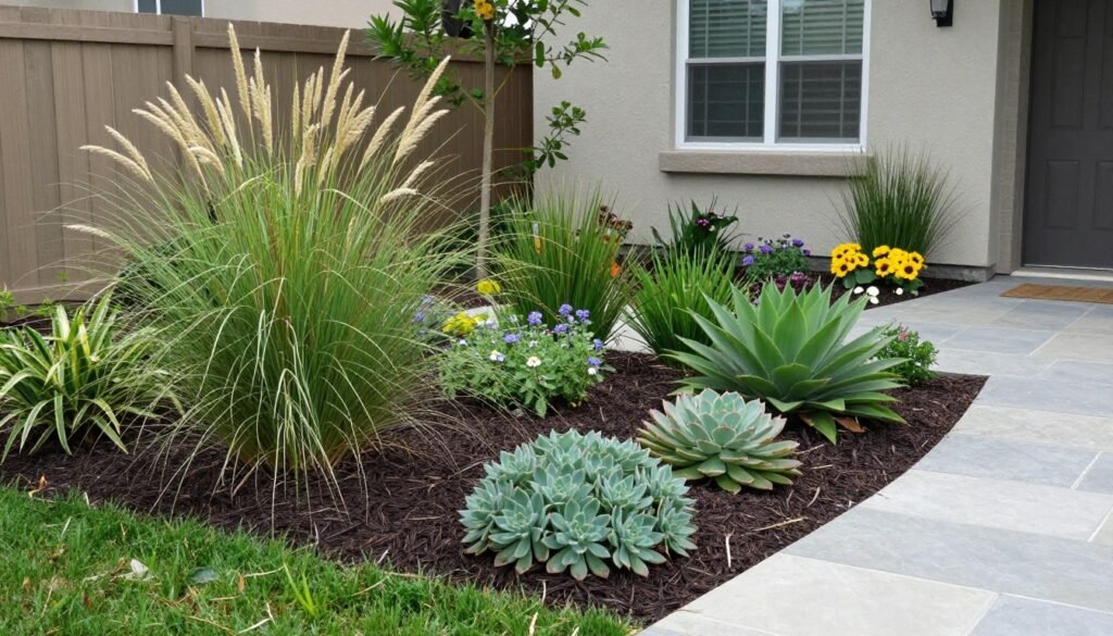 Low-maintenance landscape featuring drought-tolerant plants, mulched beds, and hardscape elements requiring minimal upkeep Low-maintenance landscape featuring drought-tolerant plants, mulched beds, and hardscape elements requiring minimal upkeep