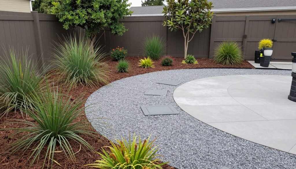 Low-maintenance large backyard featuring drought-tolerant plants, mulched beds, and hardscaped areas requiring minimal upkeep