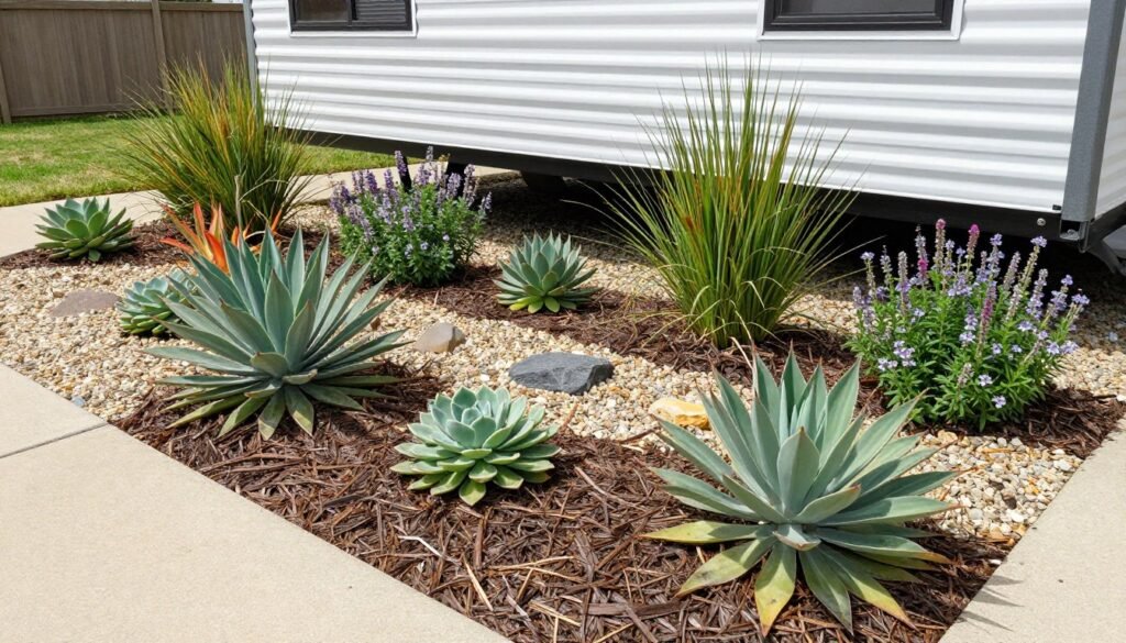 Low-maintenance mobile home landscape featuring drought-resistant plants, decorative gravel, and mulched beds requiring minimal upkeep