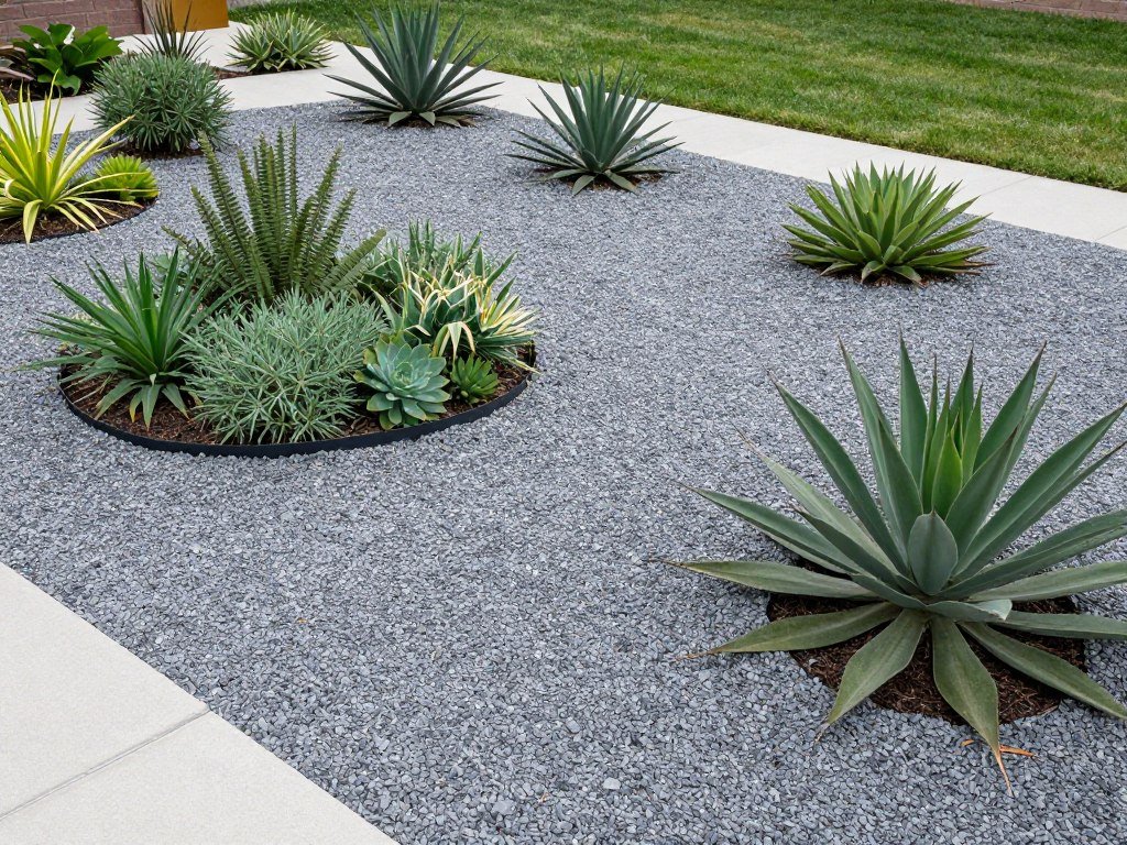 Low-maintenance modern garden with gravel, succulents and architectural plants