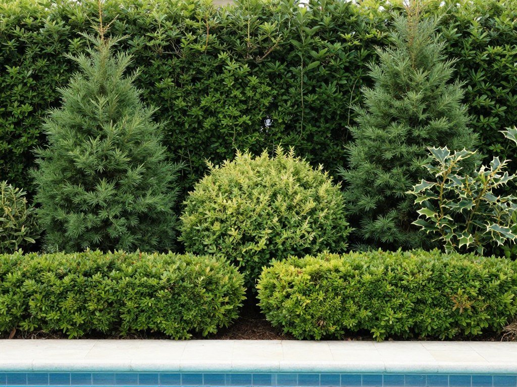 Low-maintenance shrubs arranged around a pool area providing structure and privacy
