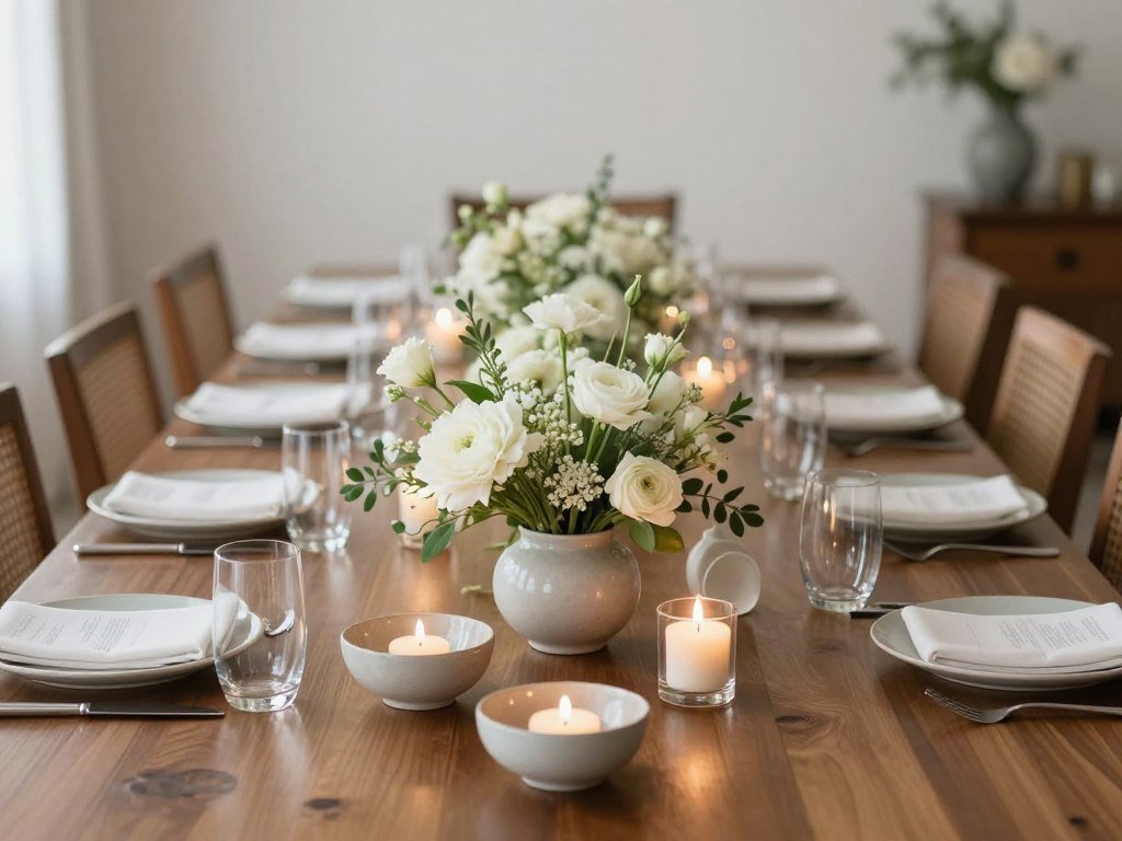 Low profile centerpiece arrangement with candles and short floral elements