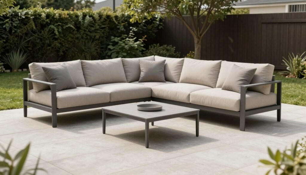 Low-profile modular outdoor sectional with clean lines in a modern backyard landscape setting