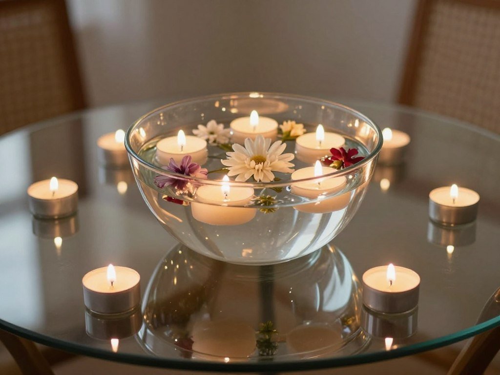 Low, wide bowl with floating candles and flowers on glass dining table