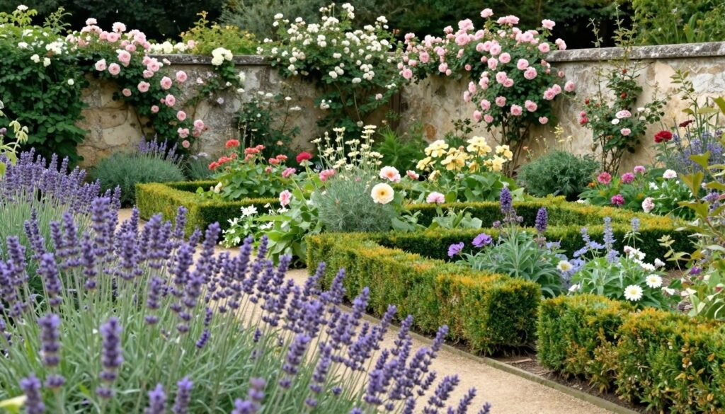 Lush French country garden with lavender, roses, and structured evergreens