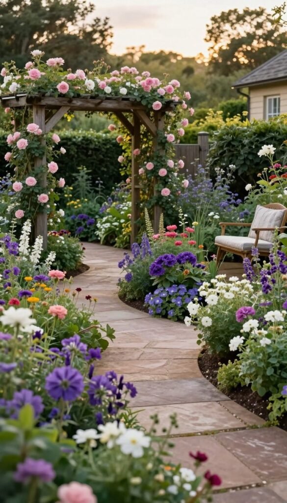 Lush cottage garden backyard with abundant flowering plants, curved pathways, and rustic elements