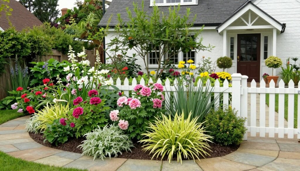 Lush cottage garden front yard with mixed flowers, picket fence, and winding path