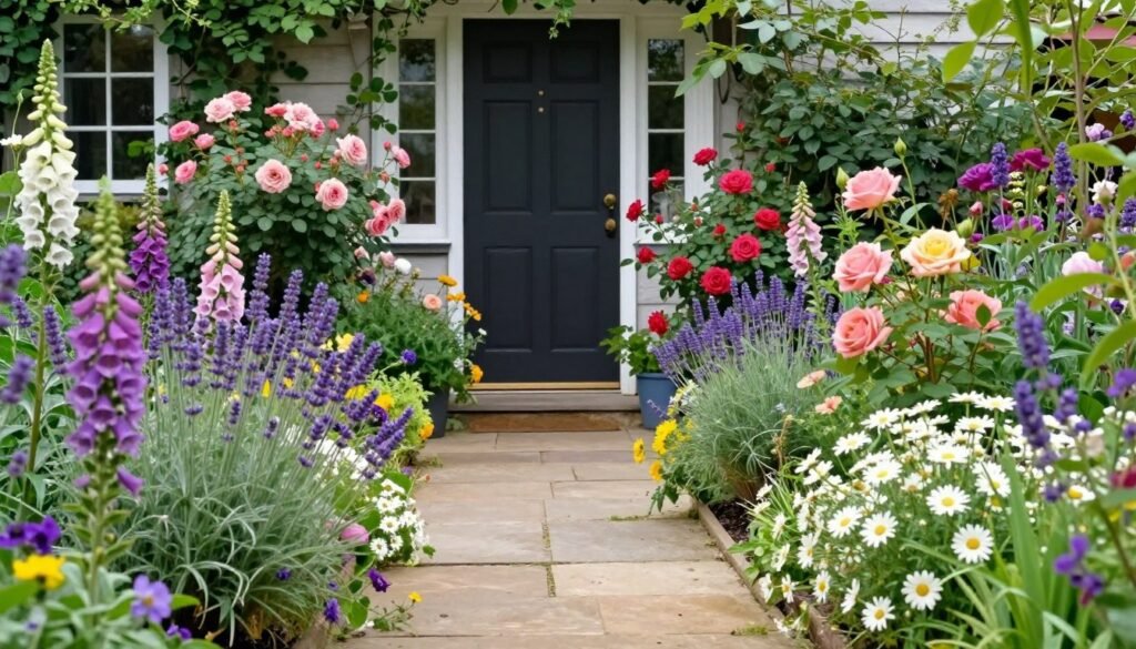 Lush cottage garden style front yard with abundant flowers and informal layout showing front bed landscaping ideas Lush cottage garden style front yard with abundant flowers and informal layout showing front bed landscaping ideas