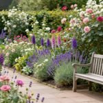 Lush cottage garden with overflowing flower beds, a winding stone path, and a rustic bench