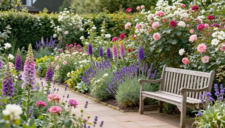 Lush cottage garden with overflowing flower beds, a winding stone path, and a rustic bench