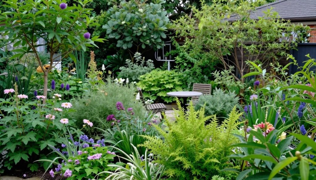 Lush garden backyard with abundant plants, flowers, and hidden seating areas