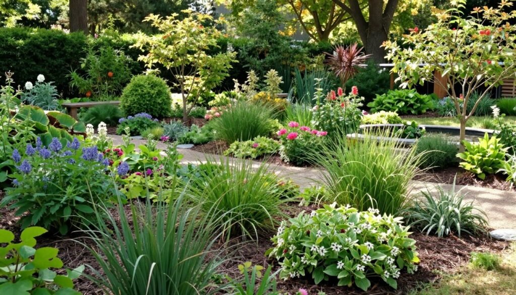 Lush garden oasis with various plants, flowers, and a small water feature for backyard makeover