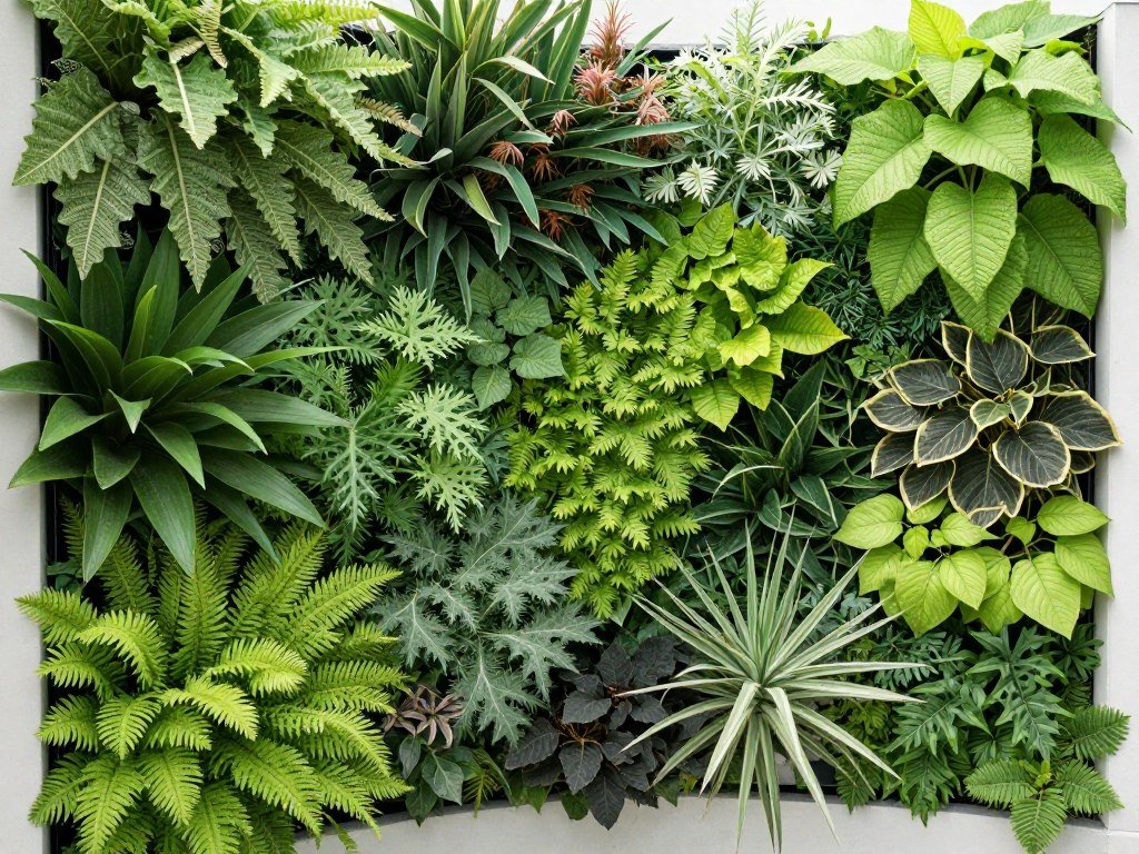 Lush living wall system installed in a garden corner with diverse foliage plants creating a tapestry of textures and colors
