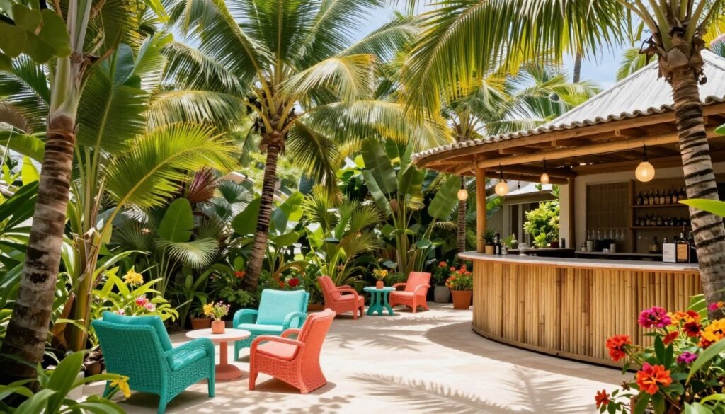 Lush tropical patio with vibrant colors and exotic plants