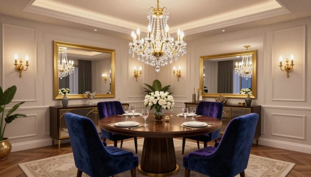 Luxurious Bloxburg dining room with chandelier and elegant furniture