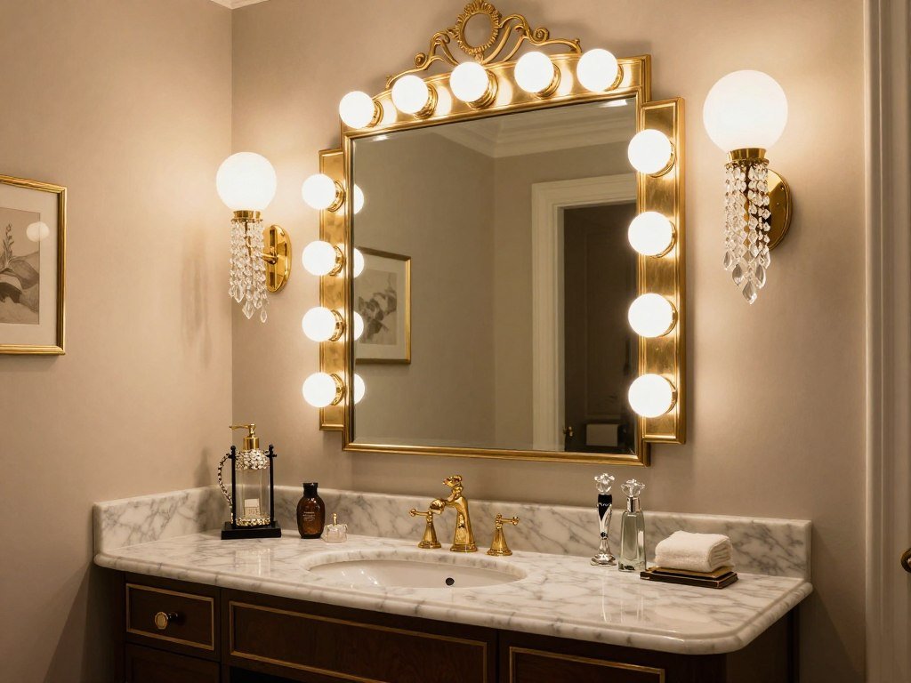 Luxurious Hollywood Regency style vanity with crystal sconces and polished brass accents