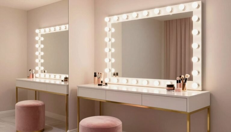 Luxurious Hollywood glamour vanity room with illuminated mirror, plush velvet stool, and gold accents