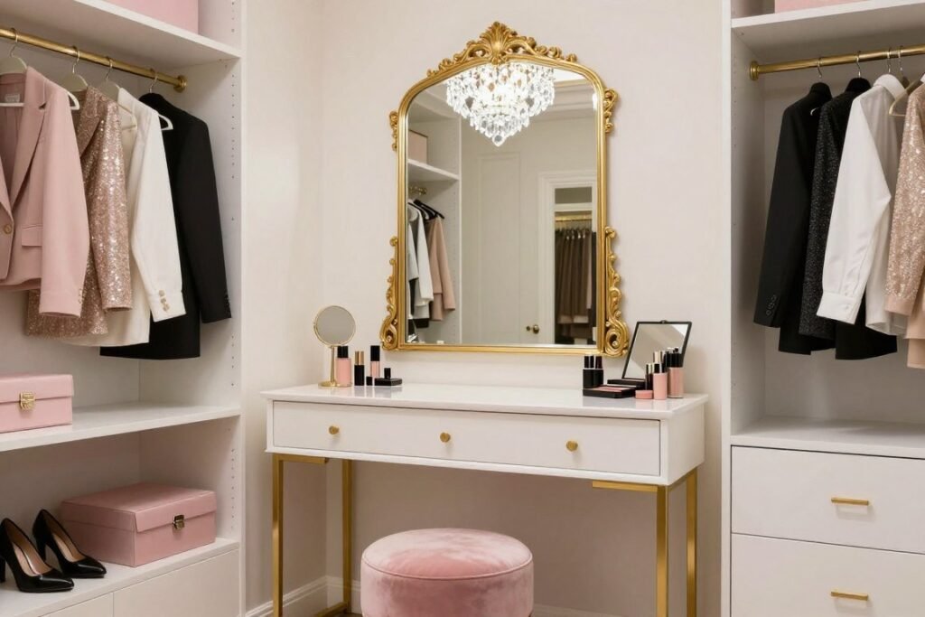 Luxurious closet vanity with gold accents, plush seating, and elegant lighting