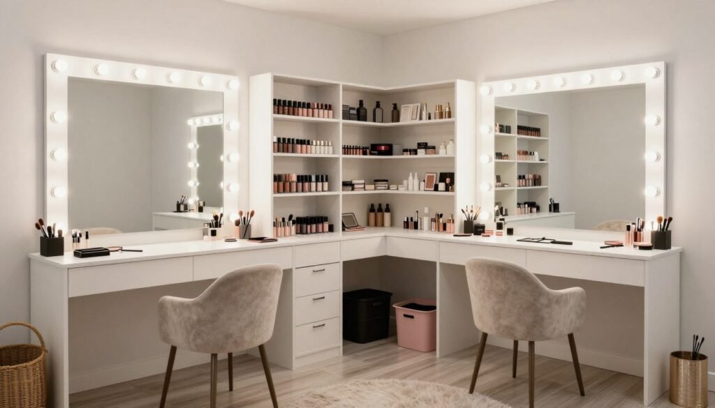 Luxurious dedicated makeup room with professional setup, ample storage, and personalized details