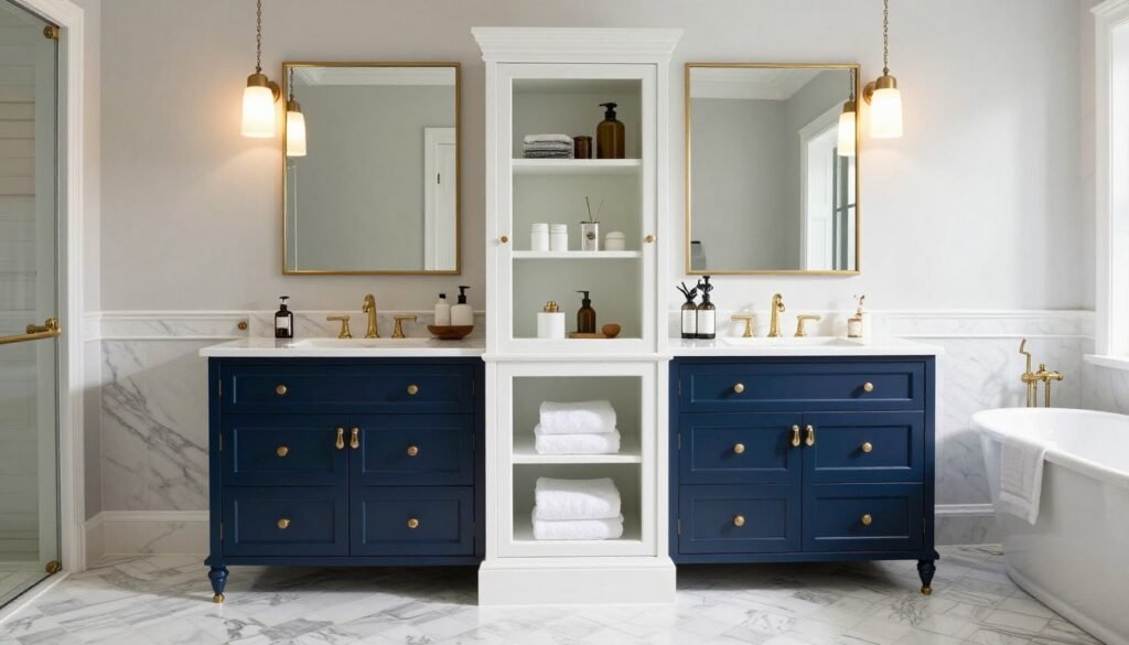 Luxurious master bathroom featuring a double vanity with center tower as the focal point