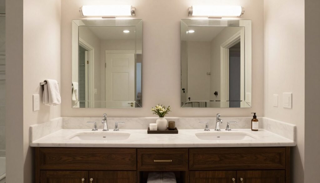 Luxurious master bathroom with elegant double sink vanity as focal point
