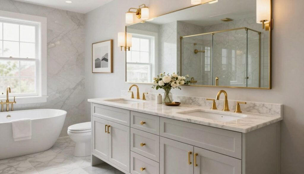 Luxurious master bathroom with stunning double vanity as focal point