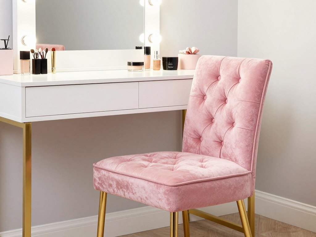 Luxurious pink velvet vanity chair with gold legs and tufted backrest
