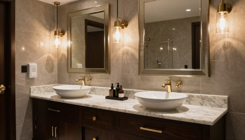 Luxury double vanity bathroom with dramatic lighting and high-end finishes