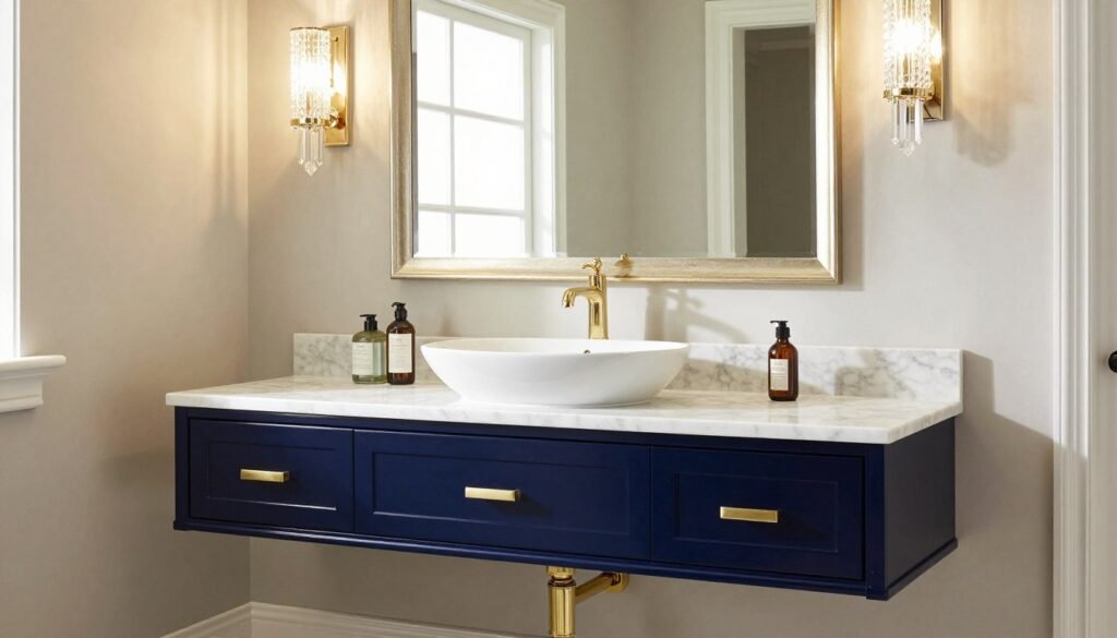Luxury floating vanity with high-gloss finish and gold hardware in an elegant bathroom