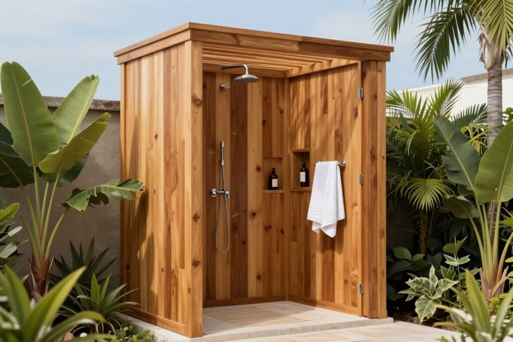 Luxury outdoor shower enclosure with natural materials and tropical plants