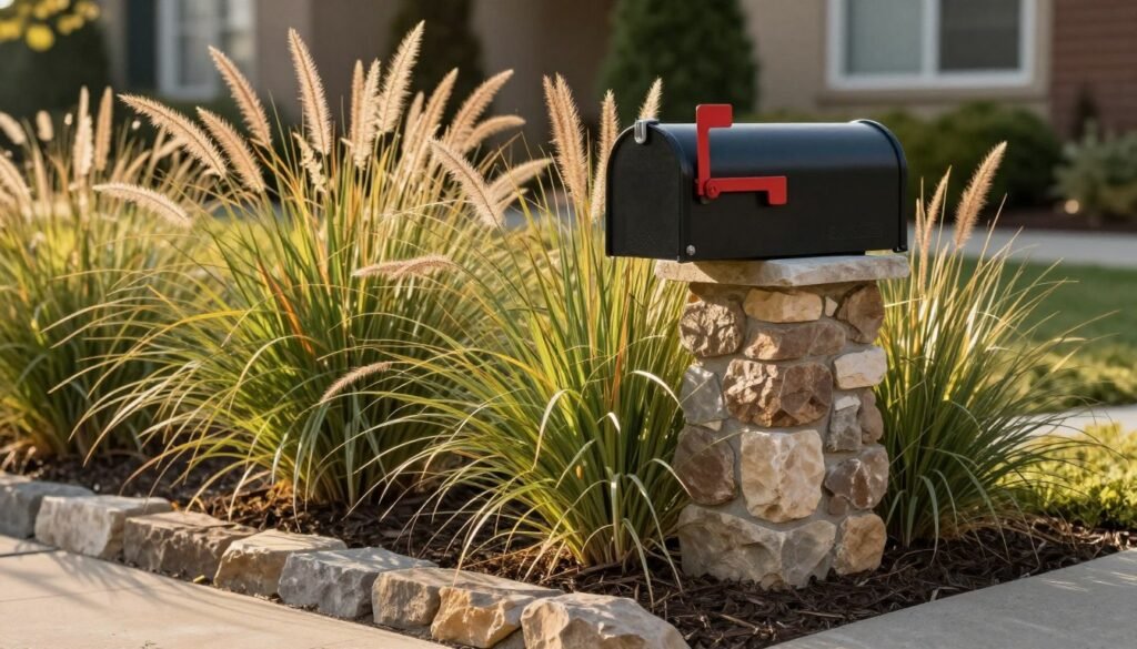 Mailbox landscaping featuring ornamental grasses providing structure and movement around a stone-based mailbox