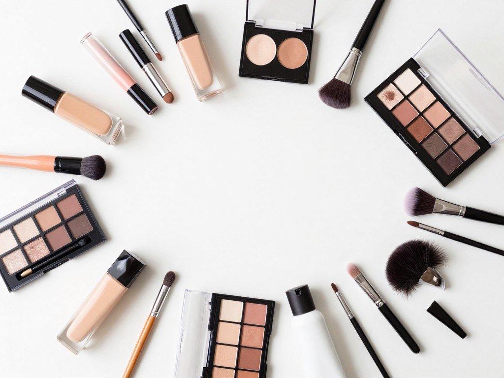 Makeup and beauty products spread out on a white surface during the decluttering process of vanity organization