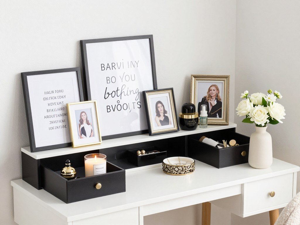 Makeup vanity with personal decorative touches showing individual style Makeup vanity with personal decorative touches showing individual style