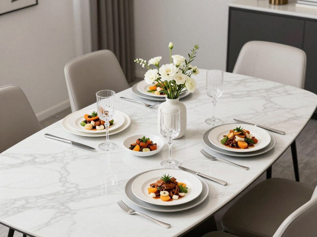 Marble dining table styled with modern tableware and centerpiece