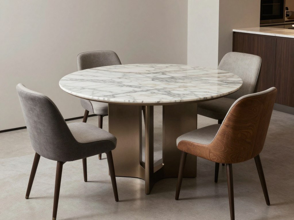 Marble dining table with complementary chair styles