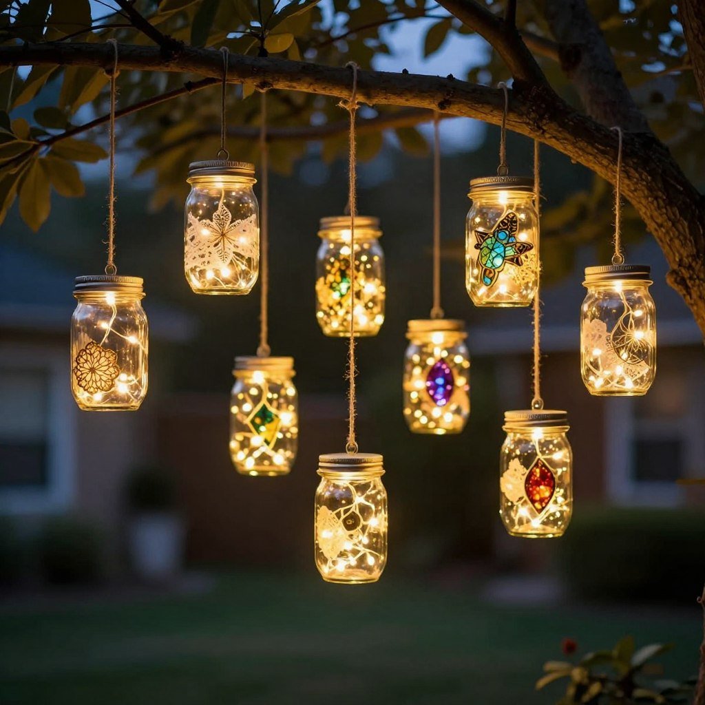 Mason jar lanterns with fairy lights hanging from tree branches