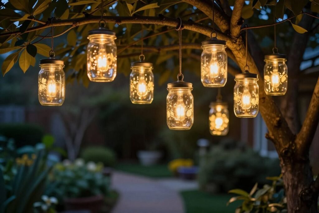 Mason jar solar lanterns hanging from tree branches at dusk