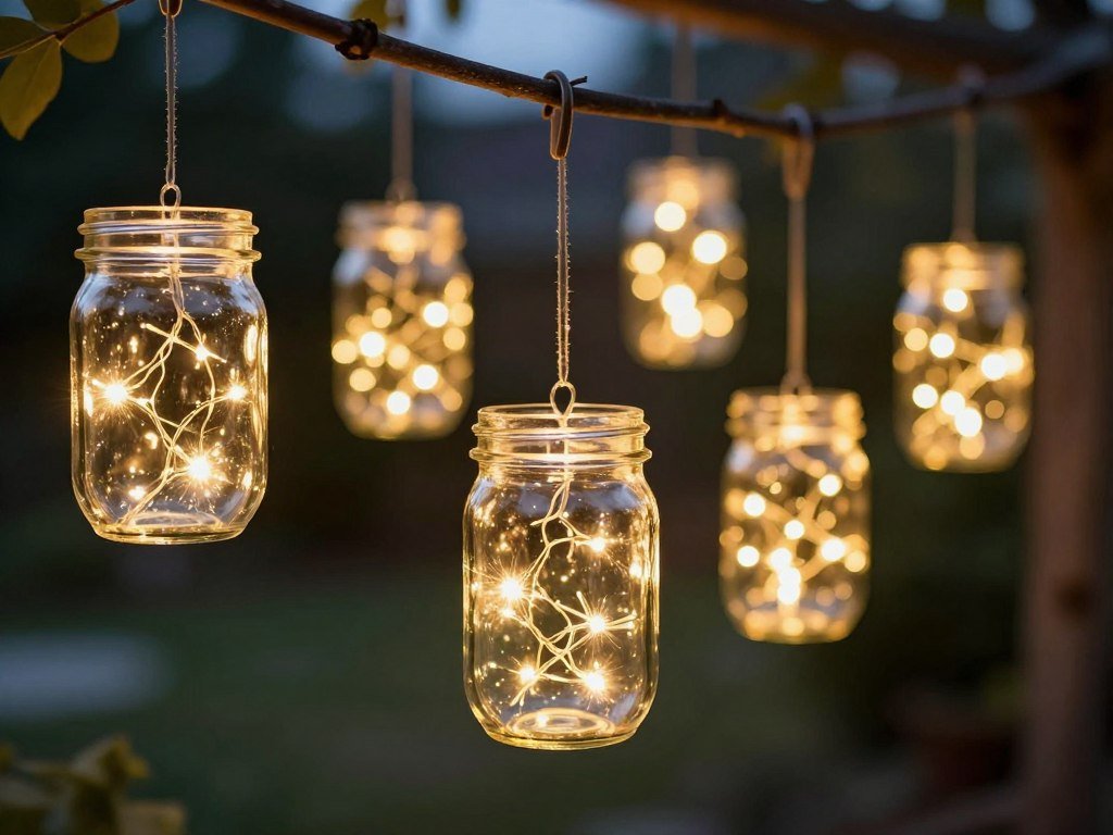 Mason jars with fairy lights inside hanging on a patio