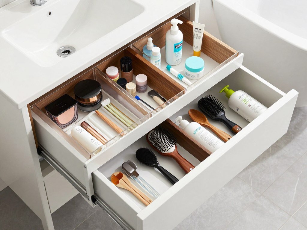 Master bath vanity drawer organization systems with dividers
