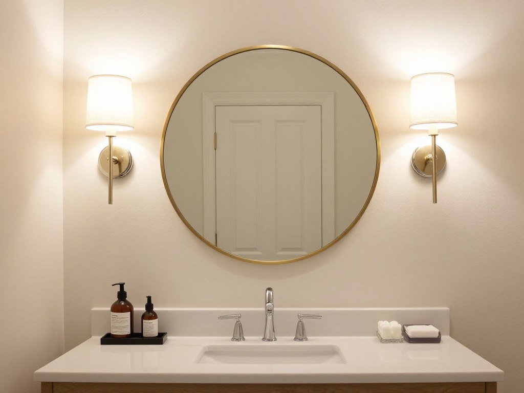 Master bath vanity with statement mirror and lighting combination
