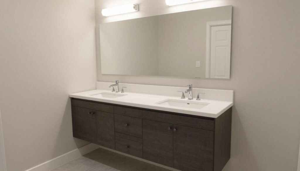 Master bathroom with double sink 60-inch floating vanity showing proper spacing
