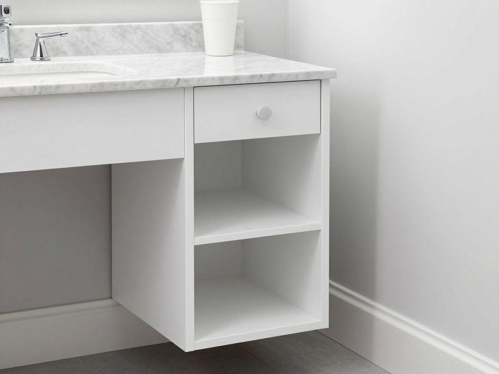 Matching bathroom vanity and separate storage tower in white shaker style