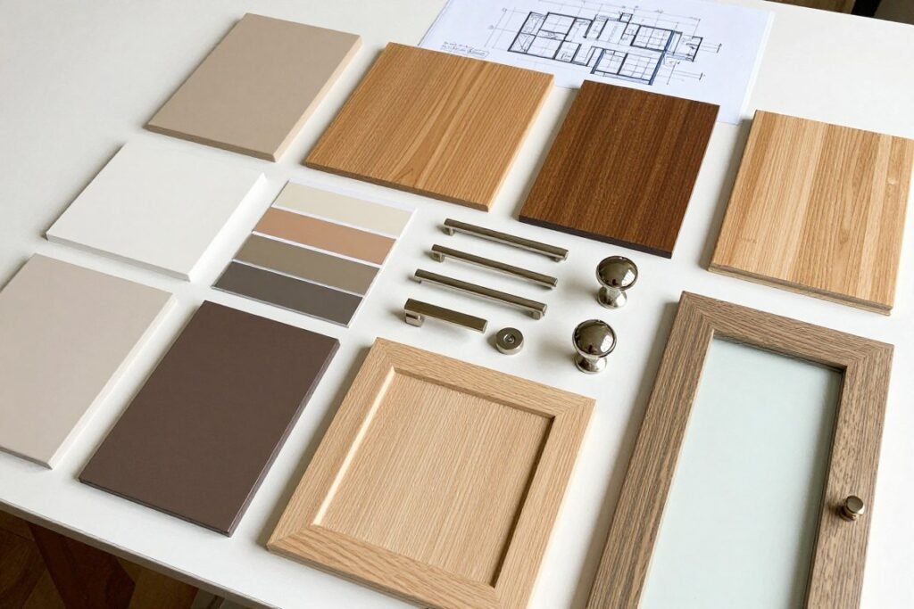Material samples including wood finishes, paint swatches, and hardware options for a dining room storage wall