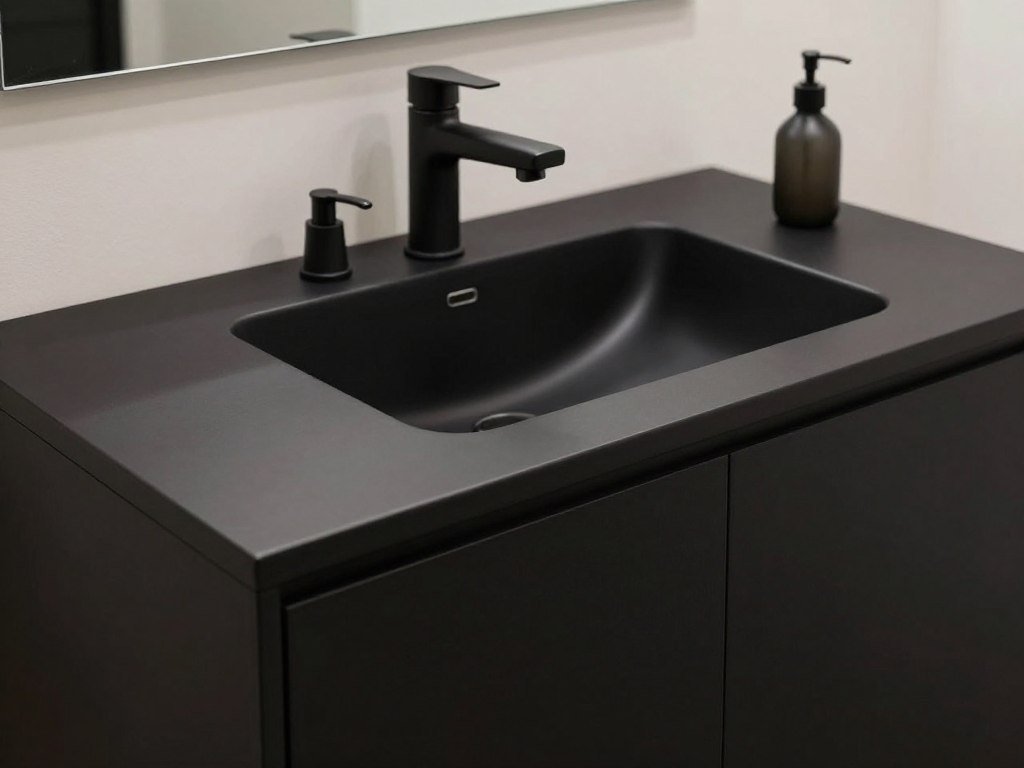 Matte black bathroom vanity with soft, non-reflective surface