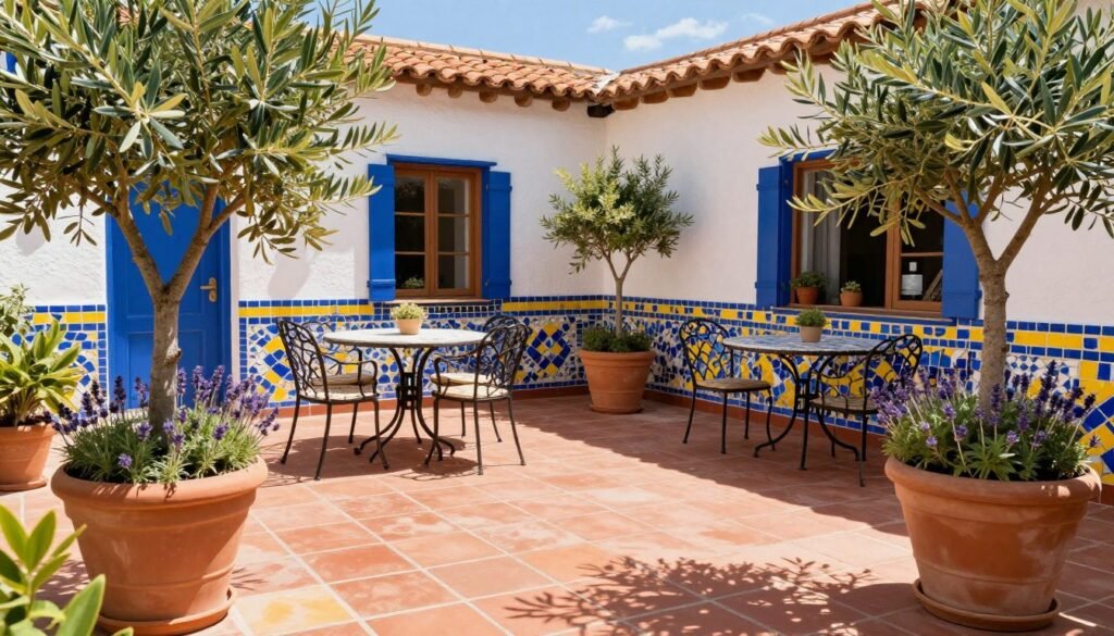 Mediterranean backyard patio design with terracotta tiles, vibrant colors and lush plants Mediterranean backyard patio design with terracotta tiles, vibrant colors and lush plants
