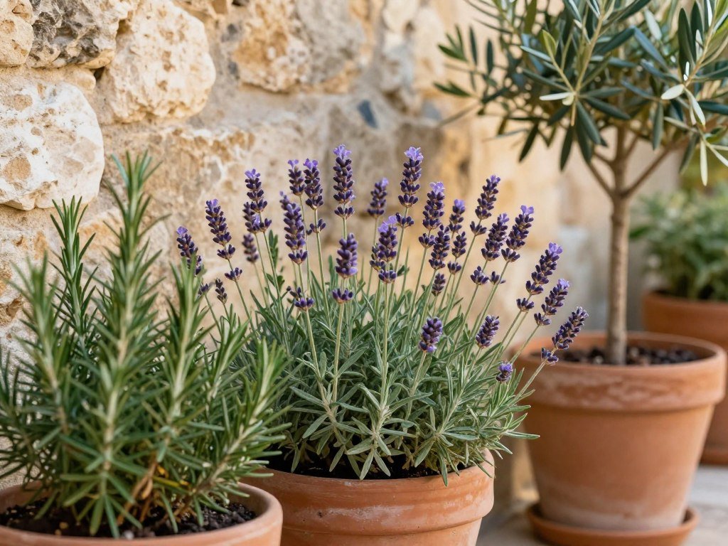 Mediterranean garden with lavender, rosemary, and small olive trees in terracotta pots