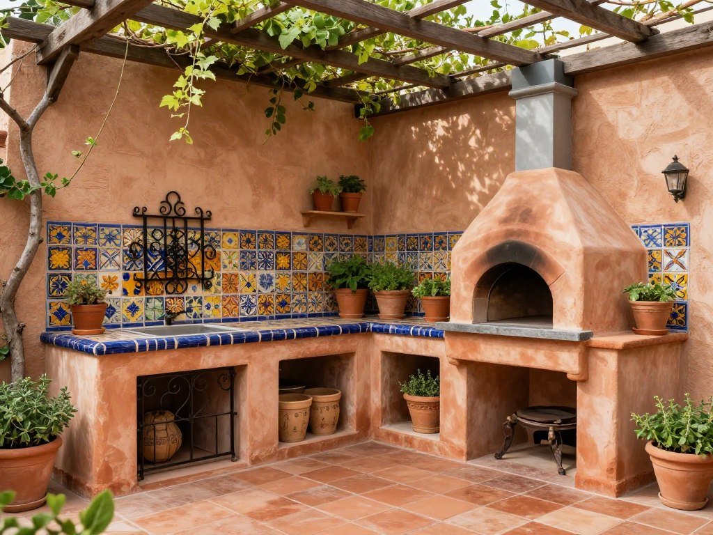 Mediterranean-inspired backyard kitchen with terracotta, colorful tiles, and pergola